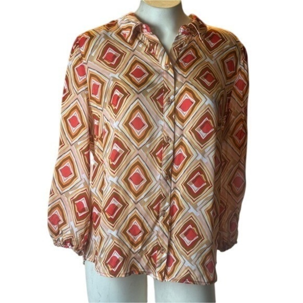 Statement Geometric Button Front Blouse Top Mod 70s Boho Disco M